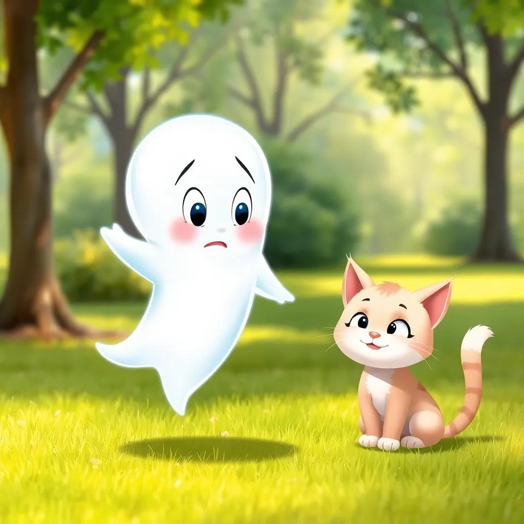 Casper, a shy ghost with a translucent, friendly face, floating in the air, looking worried while Whiskers, the cat, smiles beside him, park background with soft grass, bright and cheerful, illustration, heartwarming