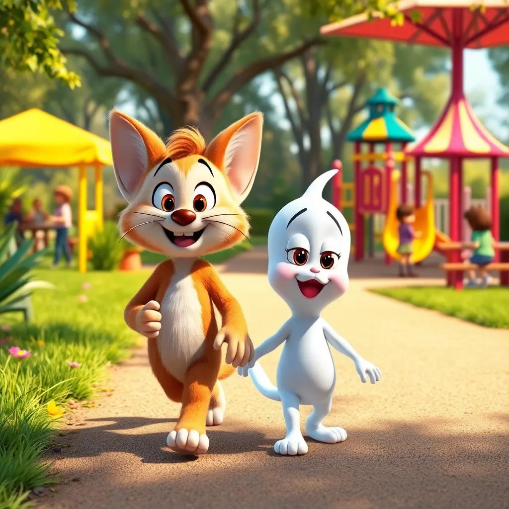 Whiskers and Casper walking together in a sunny park, colorful playground in the background with children playing, lively atmosphere, detailed digital art, cheerful and inviting, high quality