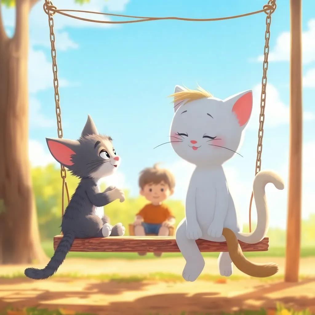 Whiskers and Casper approaching a little boy sitting alone on a swing, Whiskers purring softly, bright sunny day, innocence and joy, child-friendly illustration, warm colors, engaging