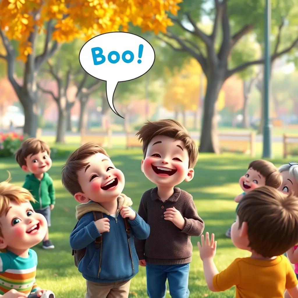 Casper saying 'Boo!' to the boy and making him giggle, surrounded by laughing children, bright park scene full of joy and laughter, vibrant colors, friendly atmosphere, detailed digital art
