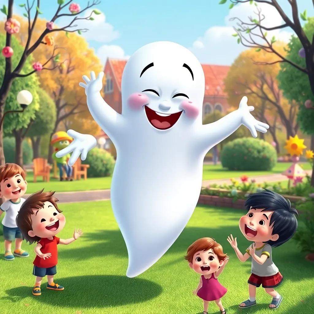 Casper, the friendly ghost, making silly faces while floating around, children laughing and playing, colorful park setting, cheerful and playful ambiance, high-quality illustration