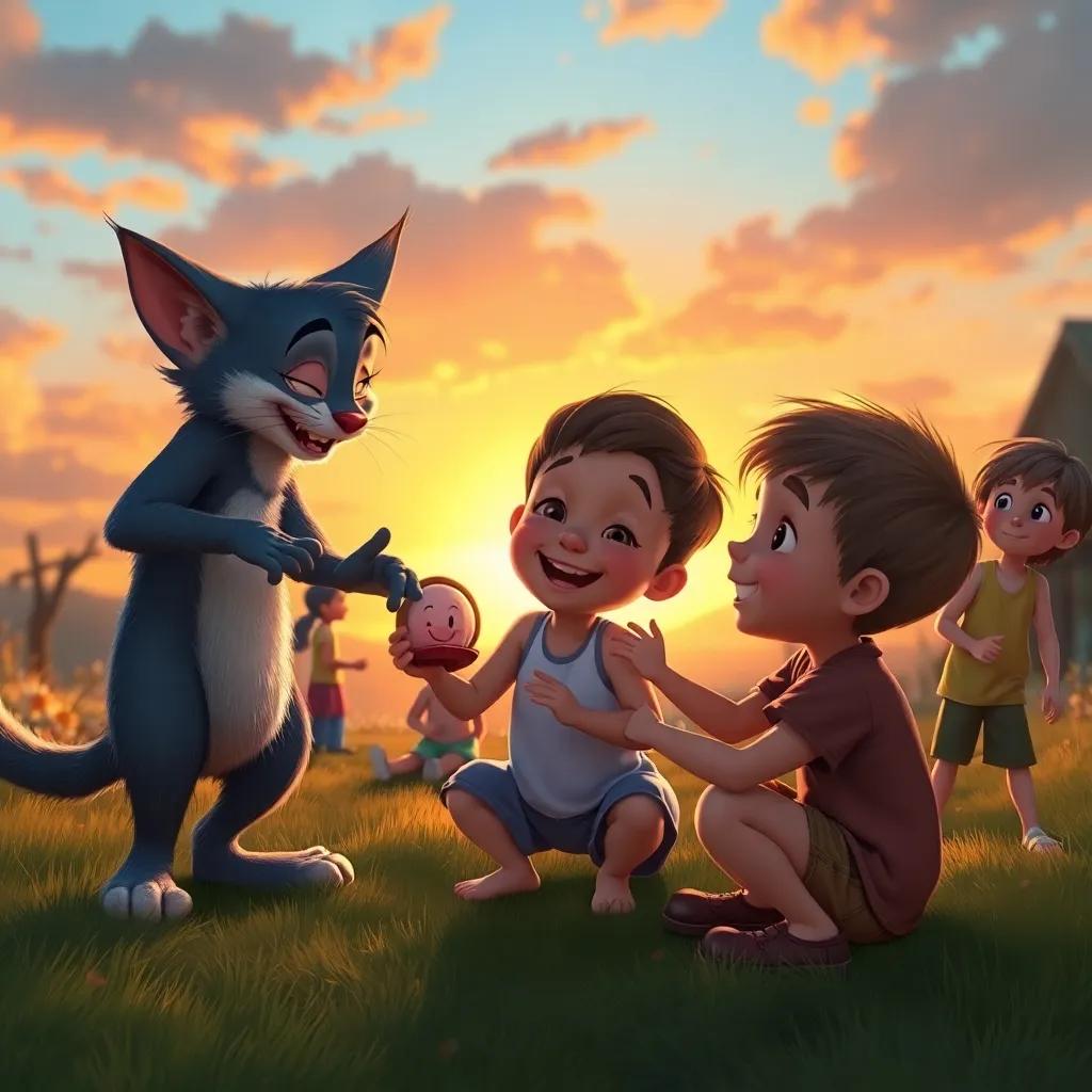 Whiskers and Casper playing games with Timmy, the boy, other children joining in, joyful atmosphere, sunset sky in the background, rich colors, heartwarming scene, detailed digital art