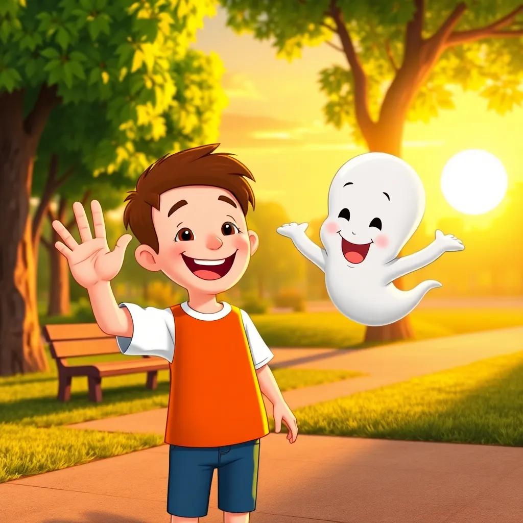 Timmy waving goodbye with a big smile, Casper floating happily, park scene with setting sun, glowing warm colors, joyful atmosphere, cute illustration, engaging