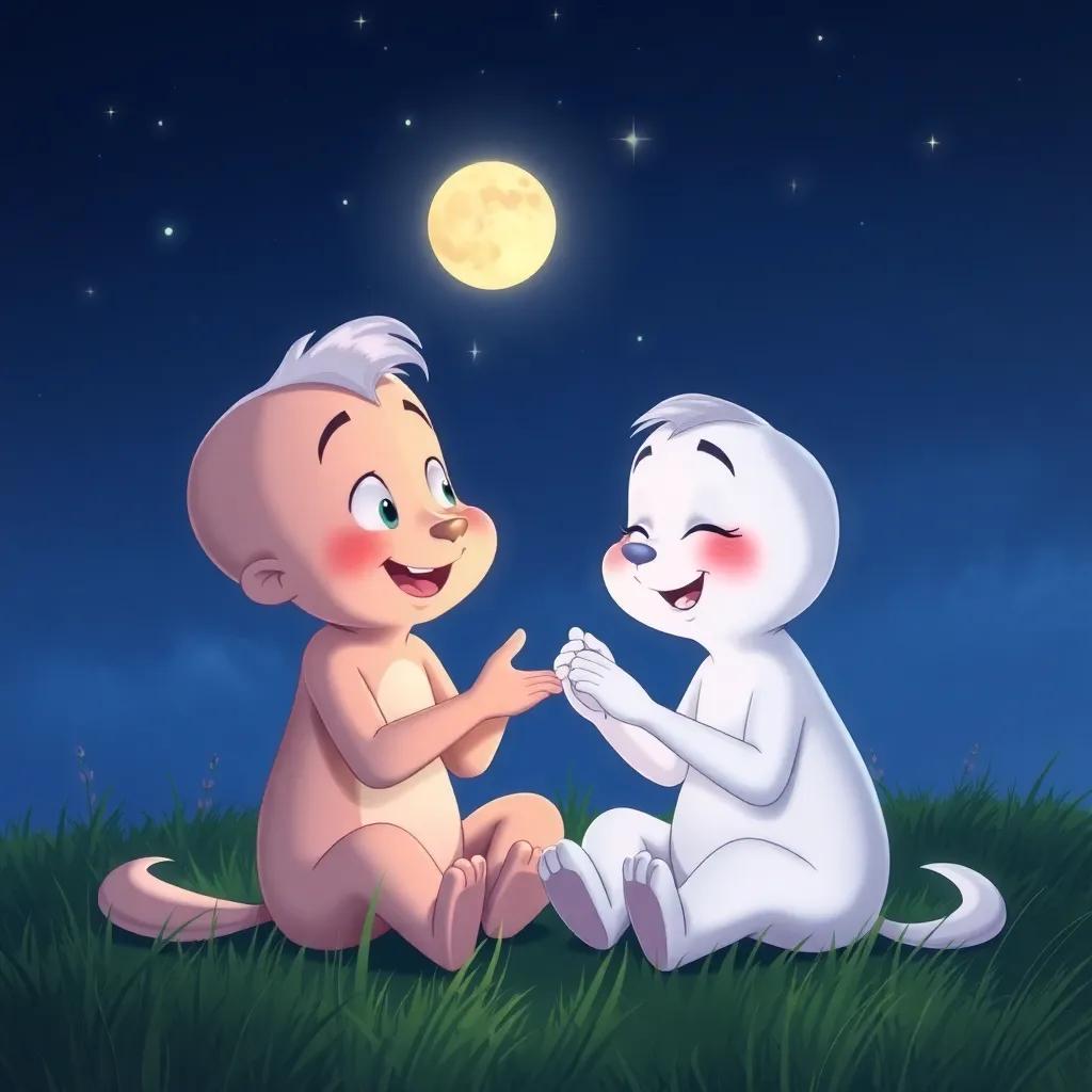 Casper thanking Whiskers under the moonlight, sitting on the grass with stars twinkling above, friendship and happiness, heartwarming scene, digital art, soft colors, high quality