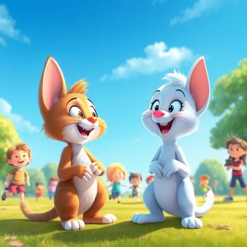 Whiskers and Casper playing together in the park every day, joyful children around them, bright blue sky, cheerful colors and ambiance, engaging illustration, vibrant and inviting