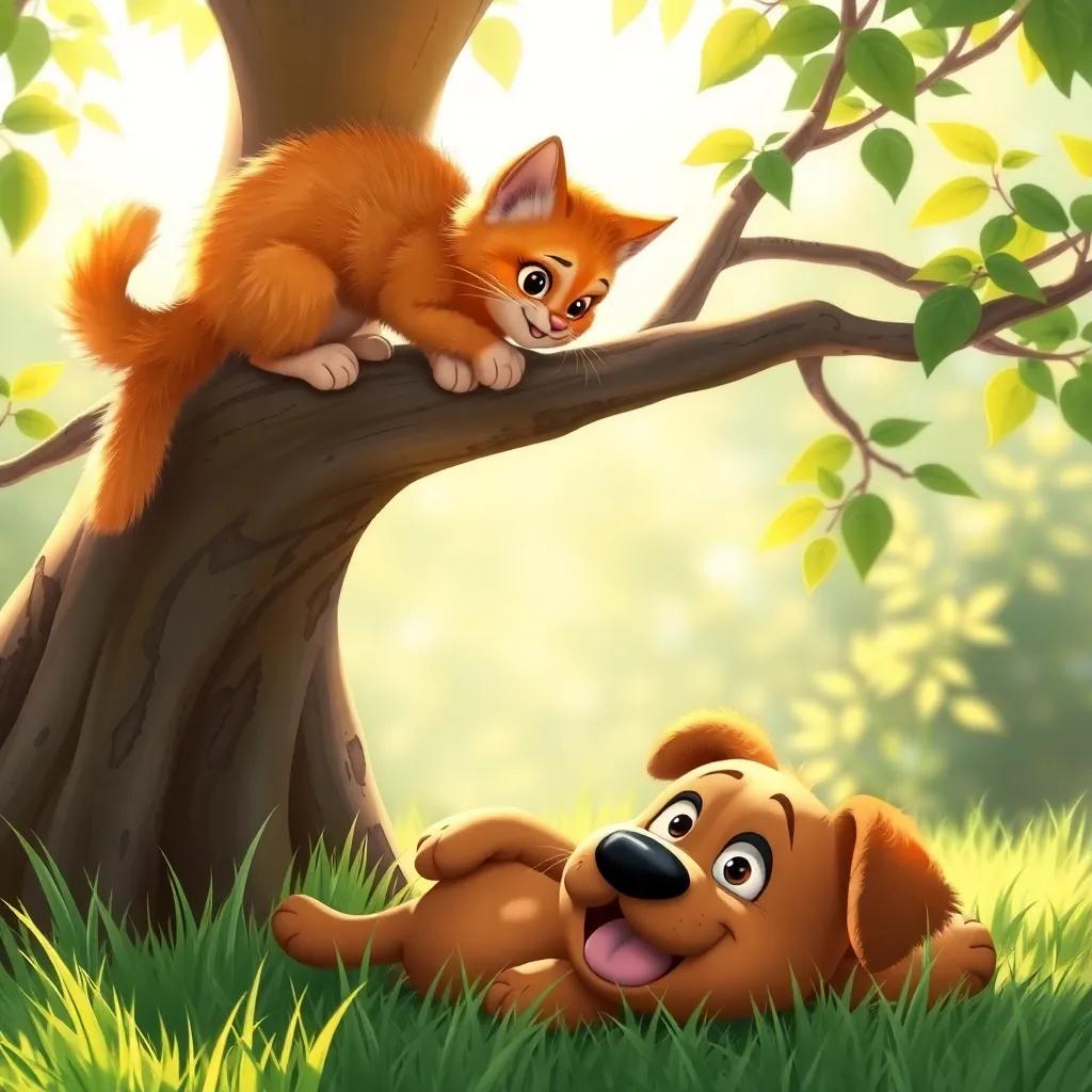 A fluffy orange cat, Whiskers, perched on a tree branch, looking down at a big brown dog, Bruno, lying in the grass below, with sunlight filtering through the leaves, cheerful scene, playful, detailed, bright colors, high quality