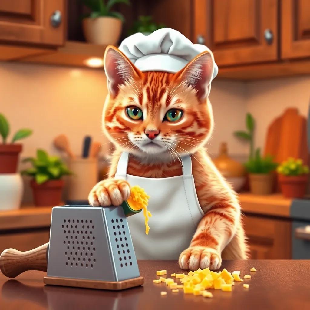 An adorable orange tabby cat, Whiskers, wearing a white chef hat and a white apron, shredding cheddar cheese with a miniature grater on a kitchen counter, cozy kitchen background with wooden cabinets and potted plants, digital art, warm colors, inviting atmosphere, high quality