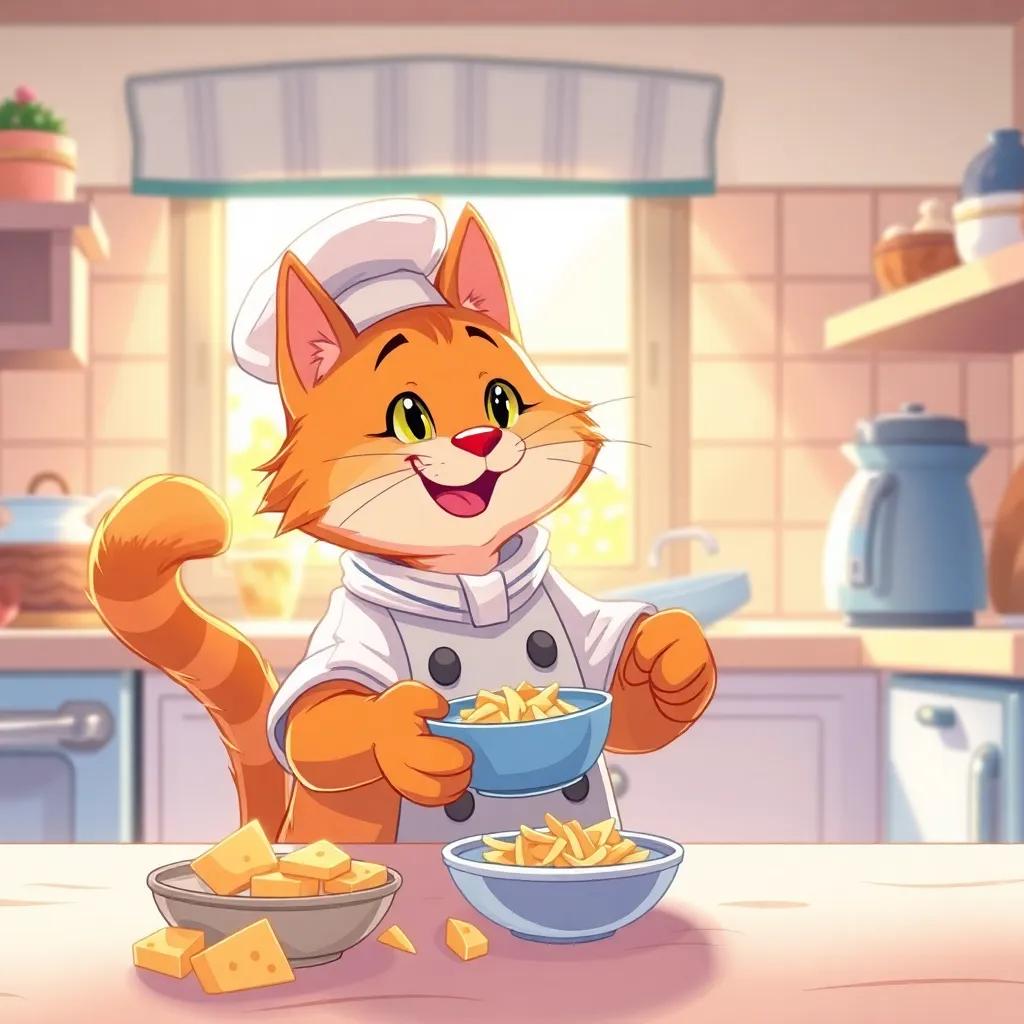 Whiskers, the orange tabby cat chef, smiling proudly as he sweeps cheese shavings into a small bowl with his tail, warm sunlight filling the cozy kitchen, detailed illustration, cheerful, inviting, child-friendly, high quality