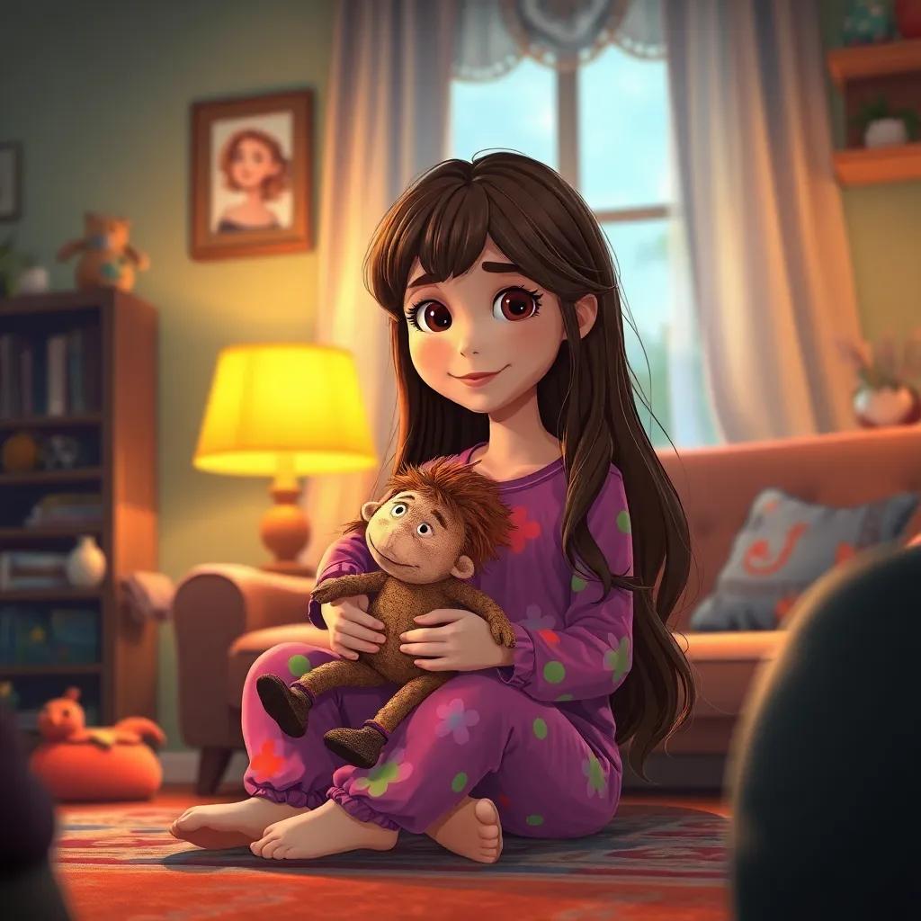 A young girl, Mia, with long brown hair, wearing colorful pajamas, sitting in a cozy living room holding a dusty old puppet, warm light from a lamp, inviting atmosphere, illustration, magical realism, detailed