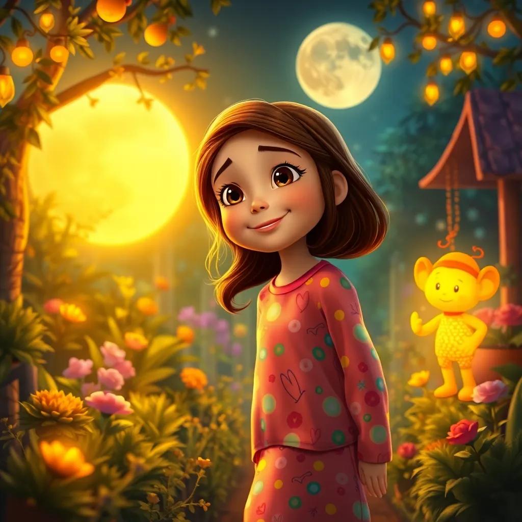 Mia, a young girl with long brown hair in colorful pajamas, following golden whispers in a moonlit garden with the glowing puppet, rich colors, magical glow, perspective of wonder, vibrant details