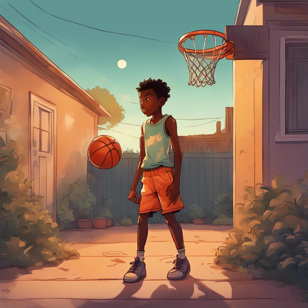 Mikklo, a young Black boy, wearing old shorts and a faded t-shirt, practicing basketball alone in his small backyard with a worn basketball, evening light, simple house in the background, vibrant color, inspirational atmosphere, digital art