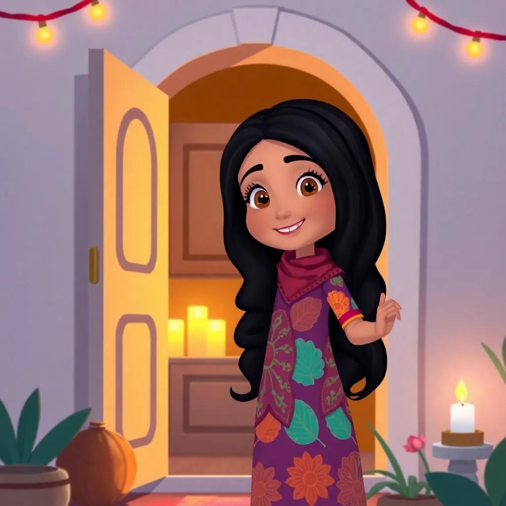 Waad, a warm-hearted Arab girl, with long black hair wearing a colorful dress, opening the door of her cozy home to Widad and the KG2 students, with soft candlelight glowing inside, digital art, inviting, warm colors, friendly, high quality