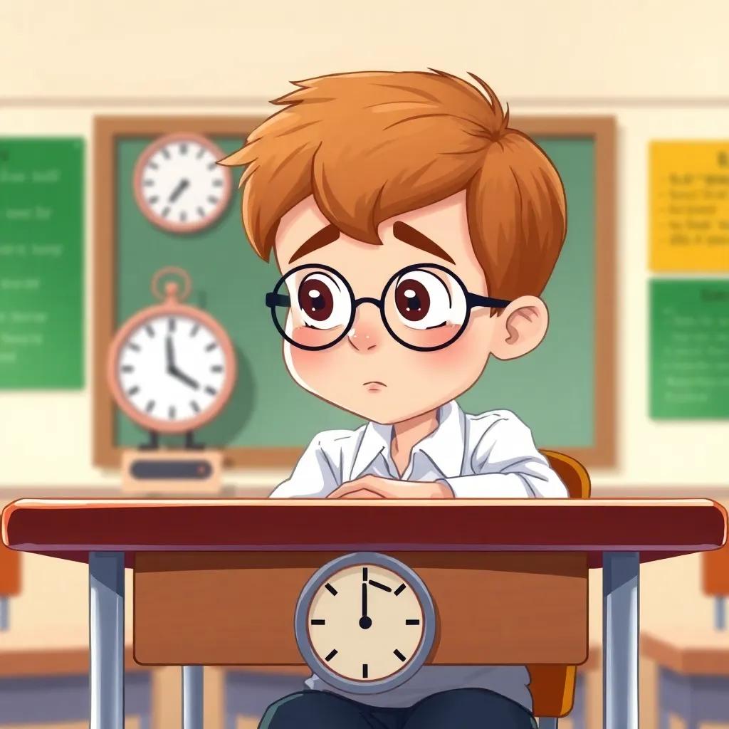 A young boy, Wilbur, with light brown hair, wearing glasses and a white shirt, looking bored at his strict school desk with a clock showing time, classroom background, digital art, bright colors, engaging atmosphere, child-friendly