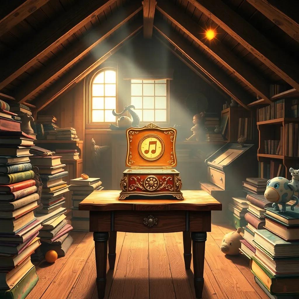 A bright attic filled with light, showcasing a shiny music box on an old wooden table, surrounded by dusty old books and old toys, fantasy art, vibrant colors, warm light, inviting atmosphere, high quality