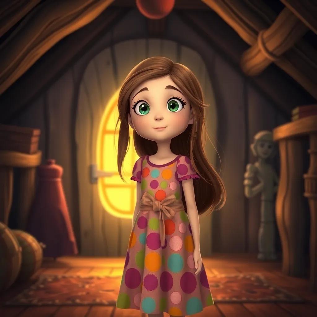 Willow, a 7-year-old girl with long, brown hair wearing a colorful dress, standing before a glowing door in the attic, her face filled with wonder, digital art, enchanting, bright colors, whimsical