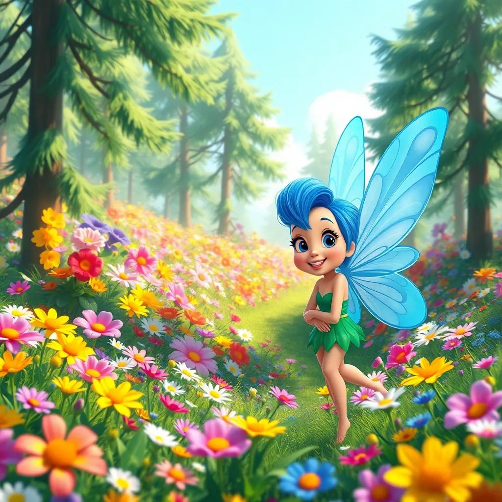 A colorful magical land with flowers of every shade, tall trees swaying, Willow and Tilly the fairy, Tilly has bright blue wings, Willow smiling in wonder, vibrant fantasy landscape, cheerful, sunny atmosphere, child-friendly