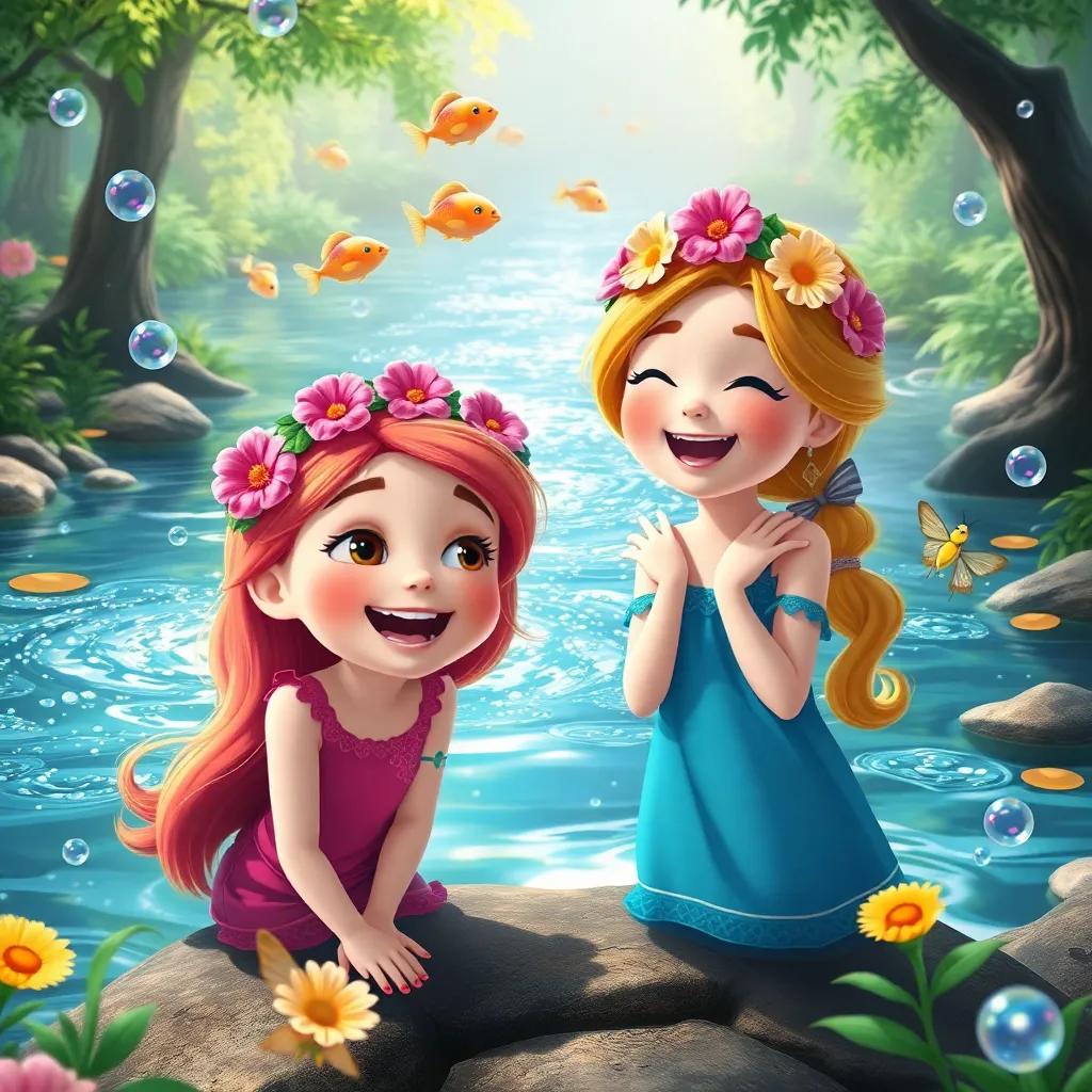 Willow and Tilly by a sparkling river, where singing fish jump and make bubbles, Willow laughing wearing a flower crown, Tilly fluttering around, magical scene, bright colors, joyful and lively