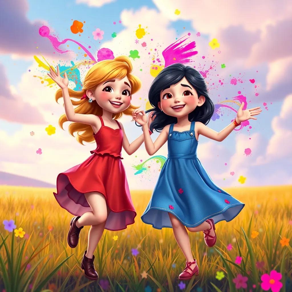 Willow and Tilly dancing and playing together in a field, painting the sky with splashes of color, both girls smiling brightly, colorful fantasy world, cheerful atmosphere, vivid and magical