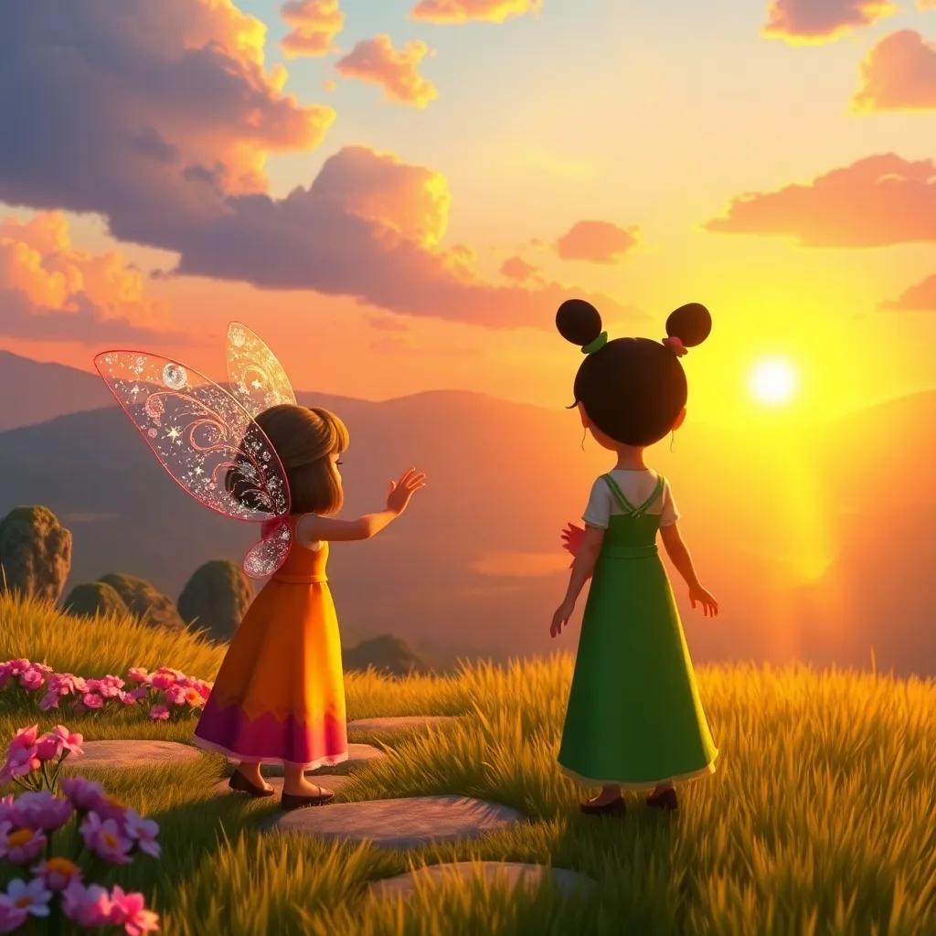 A beautiful sunset over the magical land, Tilly waving goodbye with sparkling wings, Willow looking back towards the shining door, warm light, nostalgic mood, heartfelt and emotional