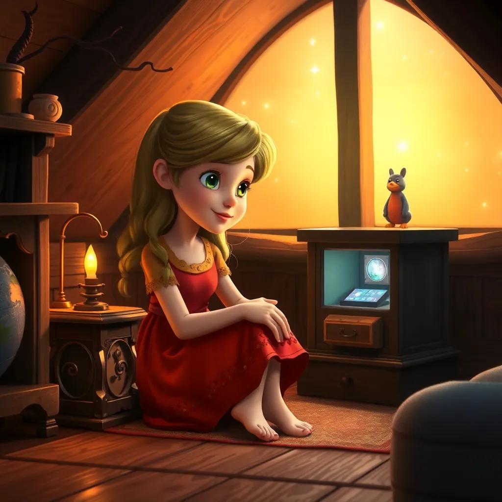 Willow sitting by the music box in her attic, looking thoughtful, the music box shining softly, tales of magic swirling around, cozy atmosphere, warm colors, reflective