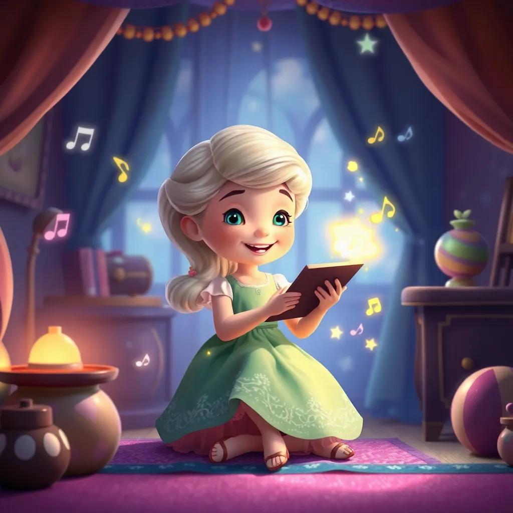 Willow happily playing the music box, surrounded by bright notes and colors symbolizing magic, her room filled with warmth and light, imaginative art, joyful and whimsical