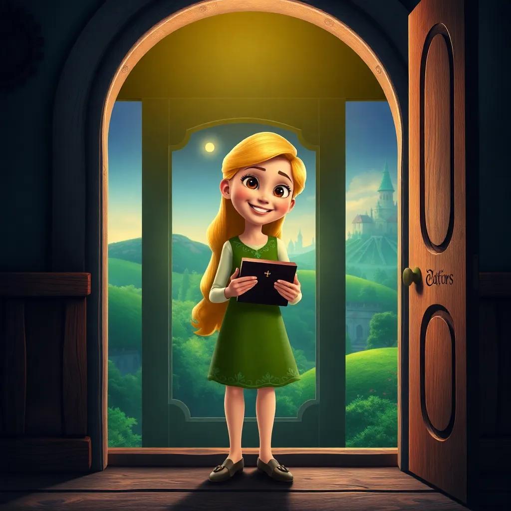 Willow standing at the door back to her attic, holding the music box with a smile, feeling grateful, the magical land shimmering behind her, emotional and uplifting, vibrant imagery