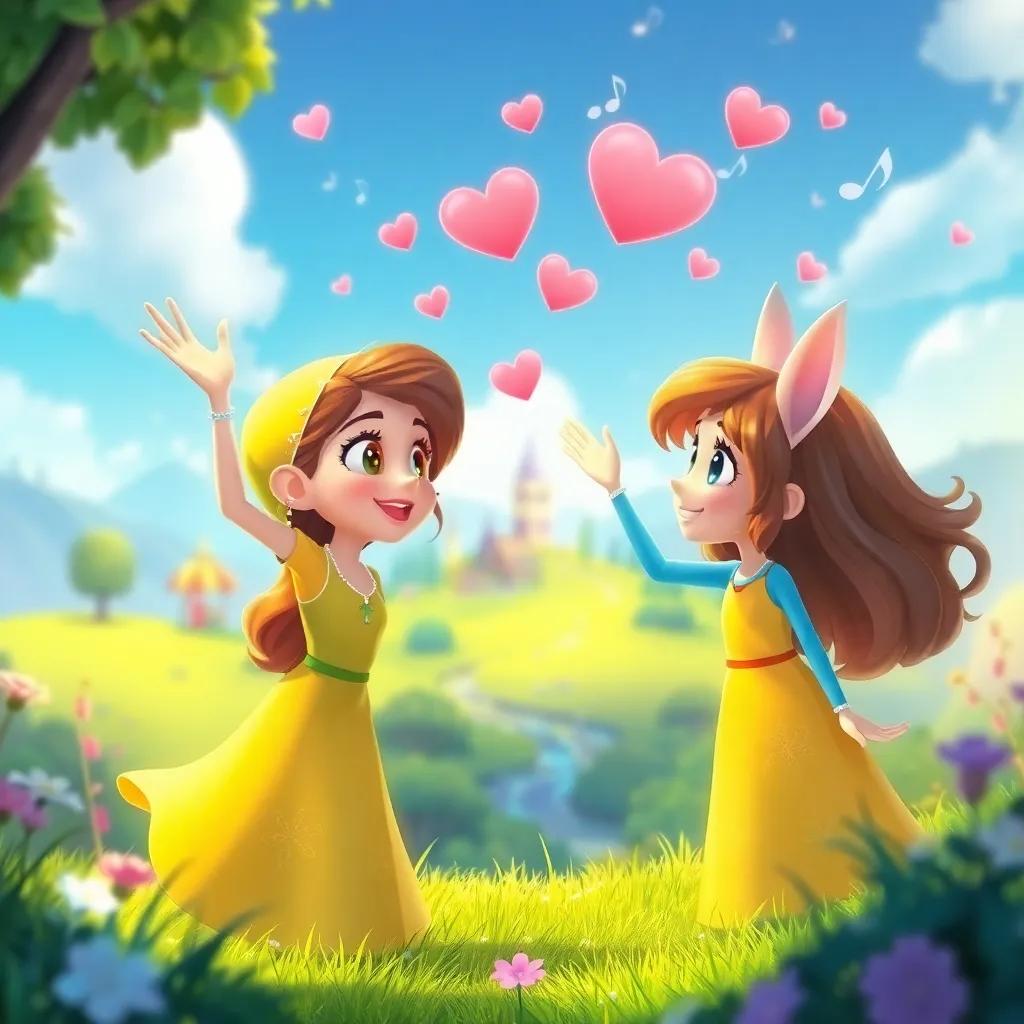 Willow and Tilly waving at each other, the magical land behind them, hearts and music notes floating in the air, bright and enchanting, heartfelt connection