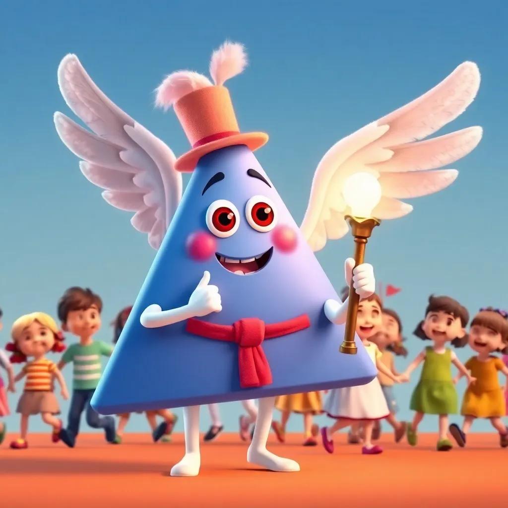 A blue triangle character, Willy Fun Times, with white limbs and angel wings, wearing a rosy peach colored top hat with feathers, holding a glowing cane, joyful children marching around him, bright colors, cheerful atmosphere, high quality
