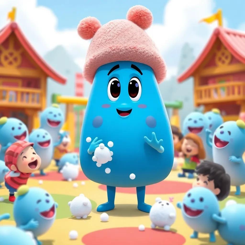 Willy Fun Times, a blue triangle character with a rosy peach top hat, summoning snow-like creatures in a colorful playground, children laughing and playing, vibrant illustrations, energetic scene, child-friendly, high quality