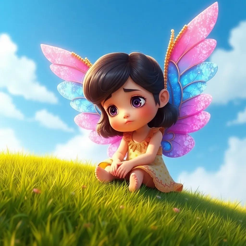 A little girl, Lila, with big, beautiful wings in sparkling pink, blue, and gold, sitting on a grassy hill under a blue sky, looking sad, digital art, vibrant colors, heartwarming scene, high quality