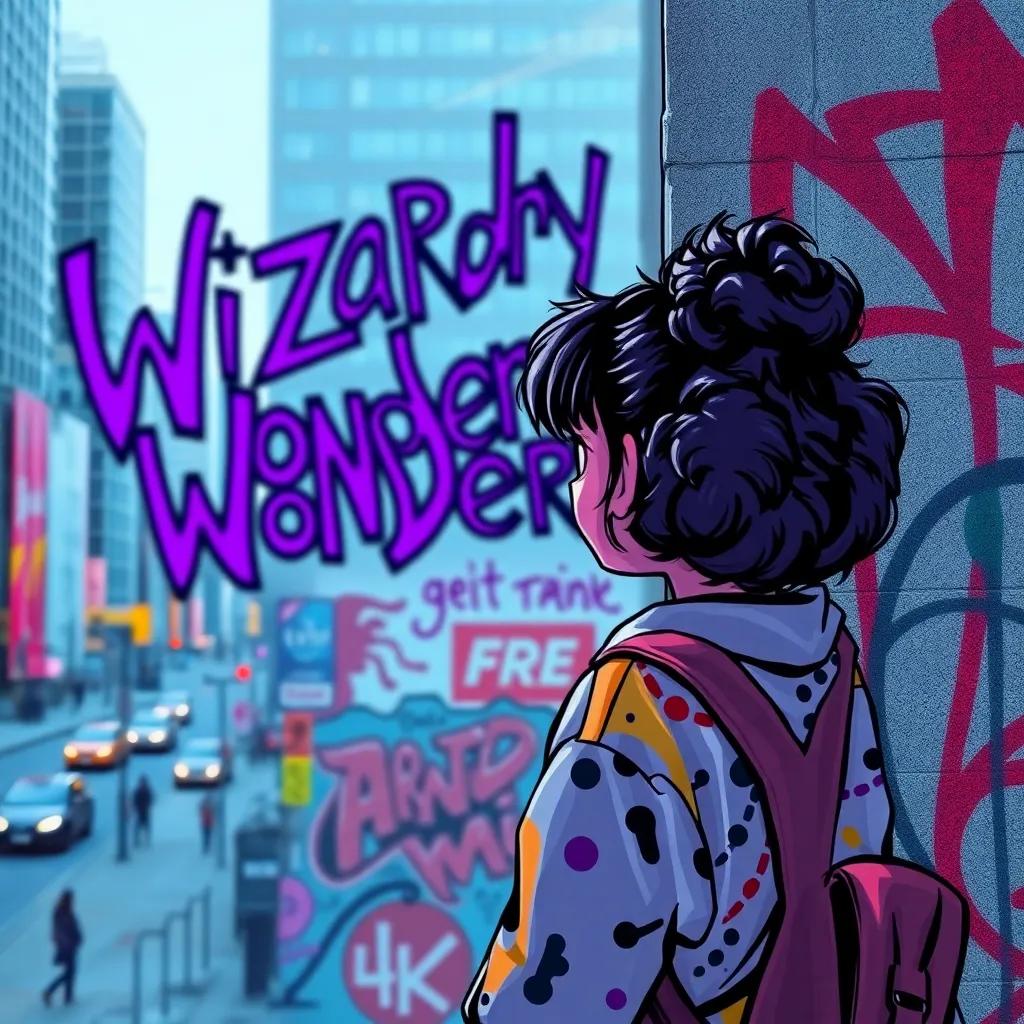 A girl named Mia, with puffy hair and colorful clothing, admiring a graffiti wall that says 'Wizardry Wonders' in dark purple and black, city streets of New York in the background, digital art, urban style, vibrant colors, lively atmosphere, high quality