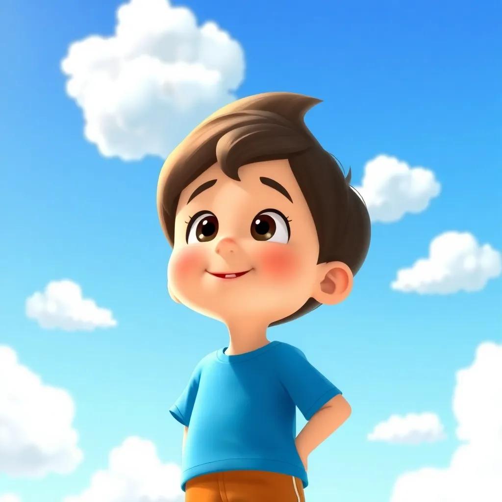 A young boy named Timmy, with short brown hair, wearing a bright blue t-shirt and shorts, looking up at fluffy white clouds on a sunny day, cheerful, whimsical, vibrant colors, digital art, high quality