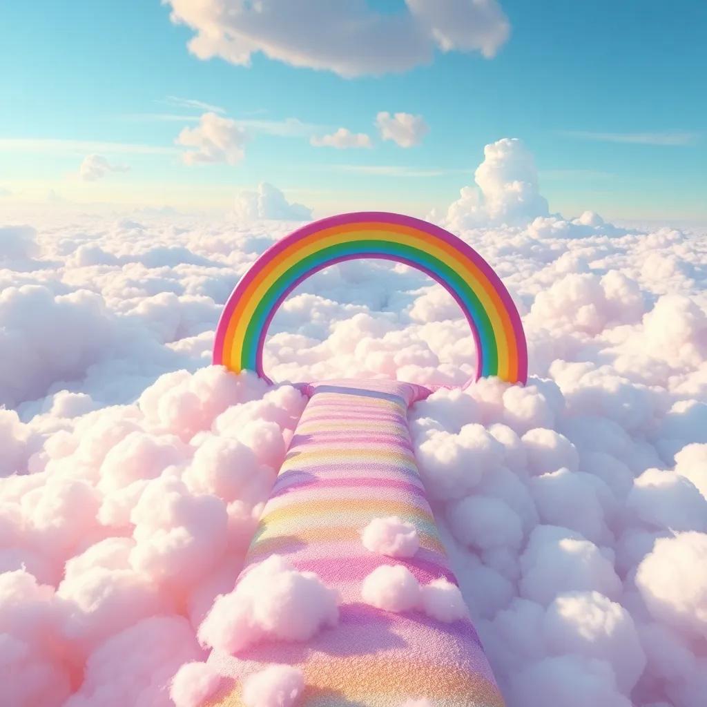 A magical land above the clouds, featuring a colorful rainbow bridge leading to a ground made of cotton candy, filled with bright colors and soft textures, fantastical landscape, cheerful, inviting atmosphere
