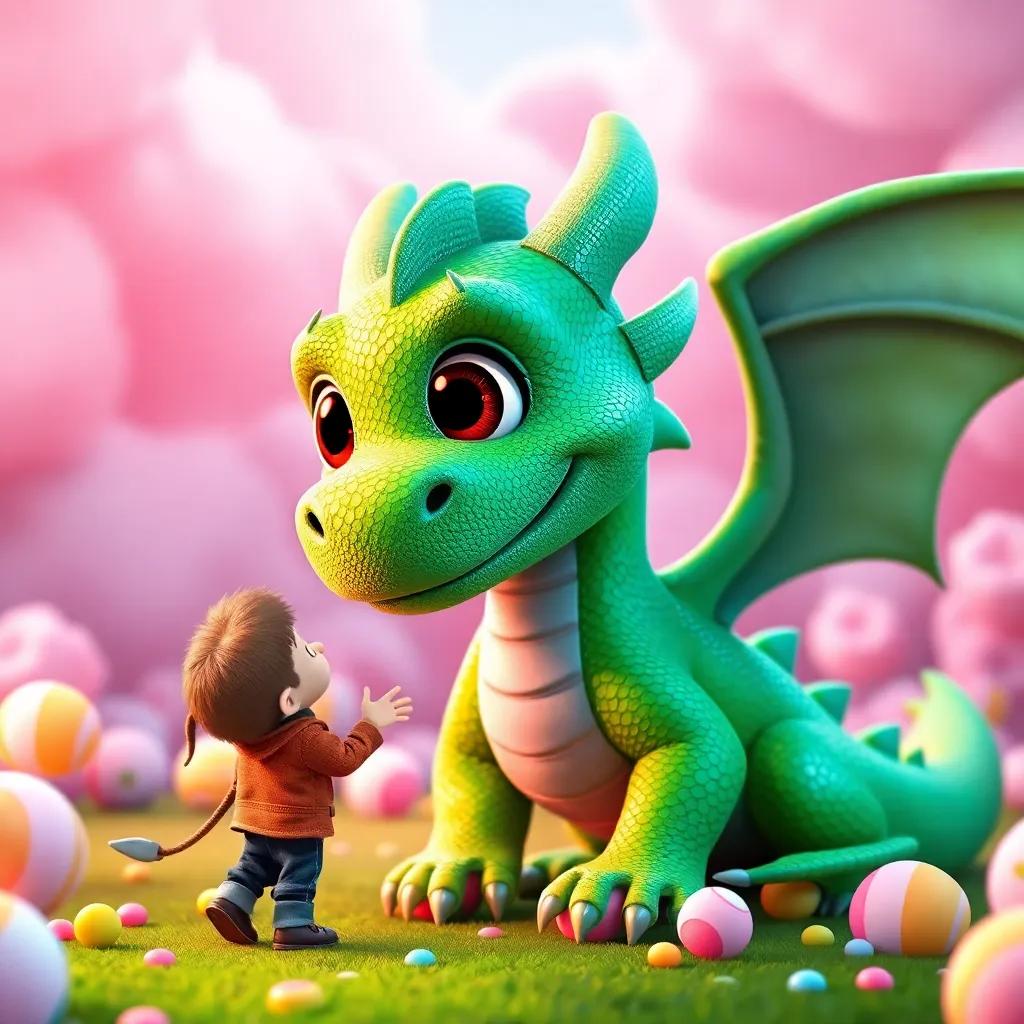 A friendly dragon named Spark, a green dragon with shiny scales and big bright eyes, greeting Timmy in the cotton candy land, surrounded by sweet clouds and colorful candy, detailed digital art, playful