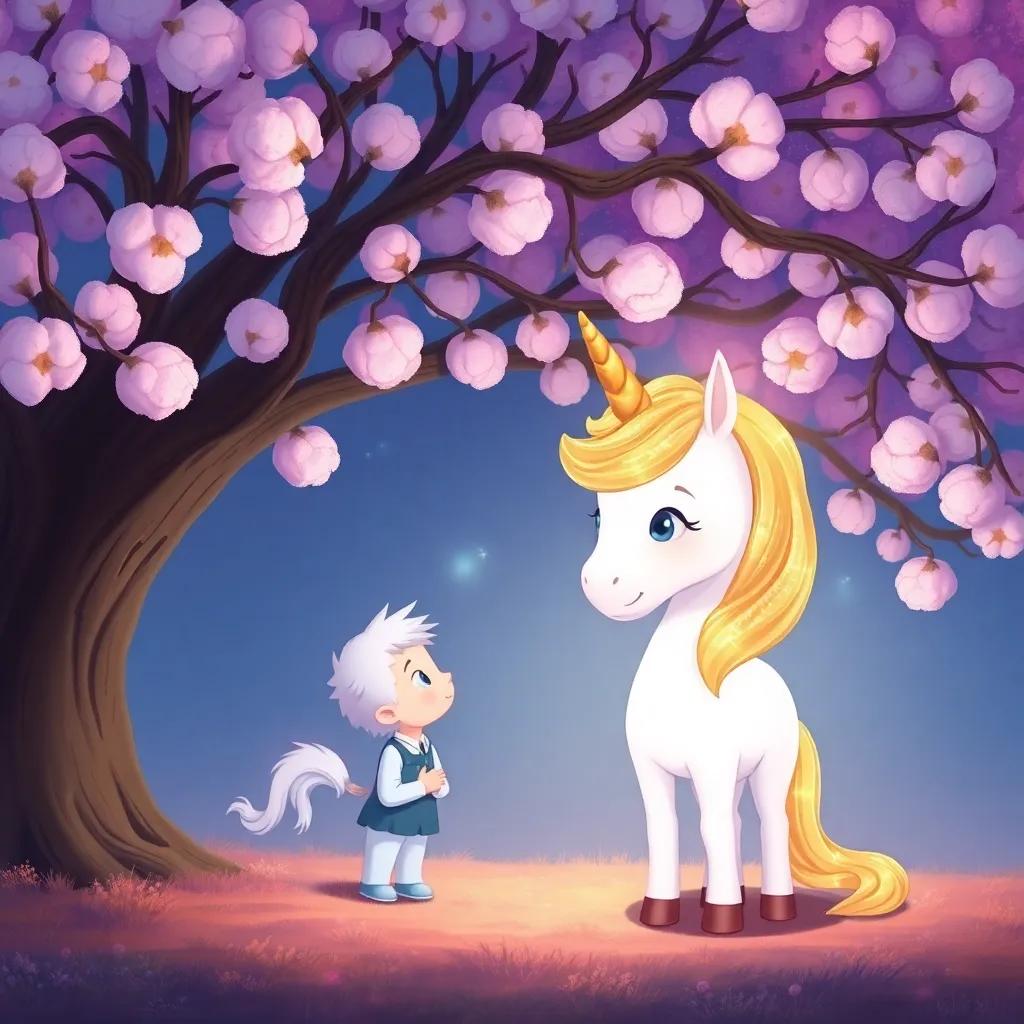 A shy unicorn named Star, a white unicorn with a golden horn and shimmering mane, talking to Timmy and Spark beneath a cotton candy tree, charming, magical vibe, warm colors, illustration