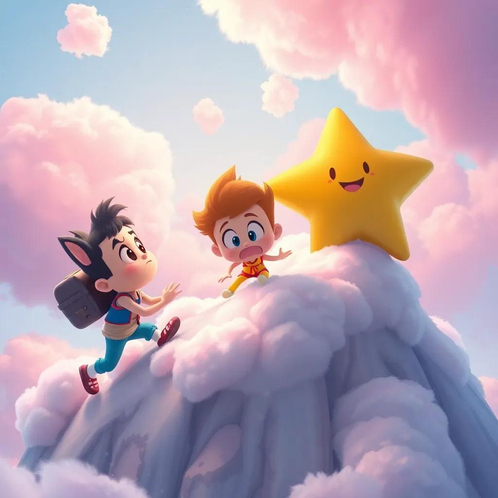 Timmy, Spark, and Star climbing a cotton candy mountain, Timmy looking nervous but brave, soft cotton candy clouds all around, adventurous, uplifting, vibrant colors, digital painting