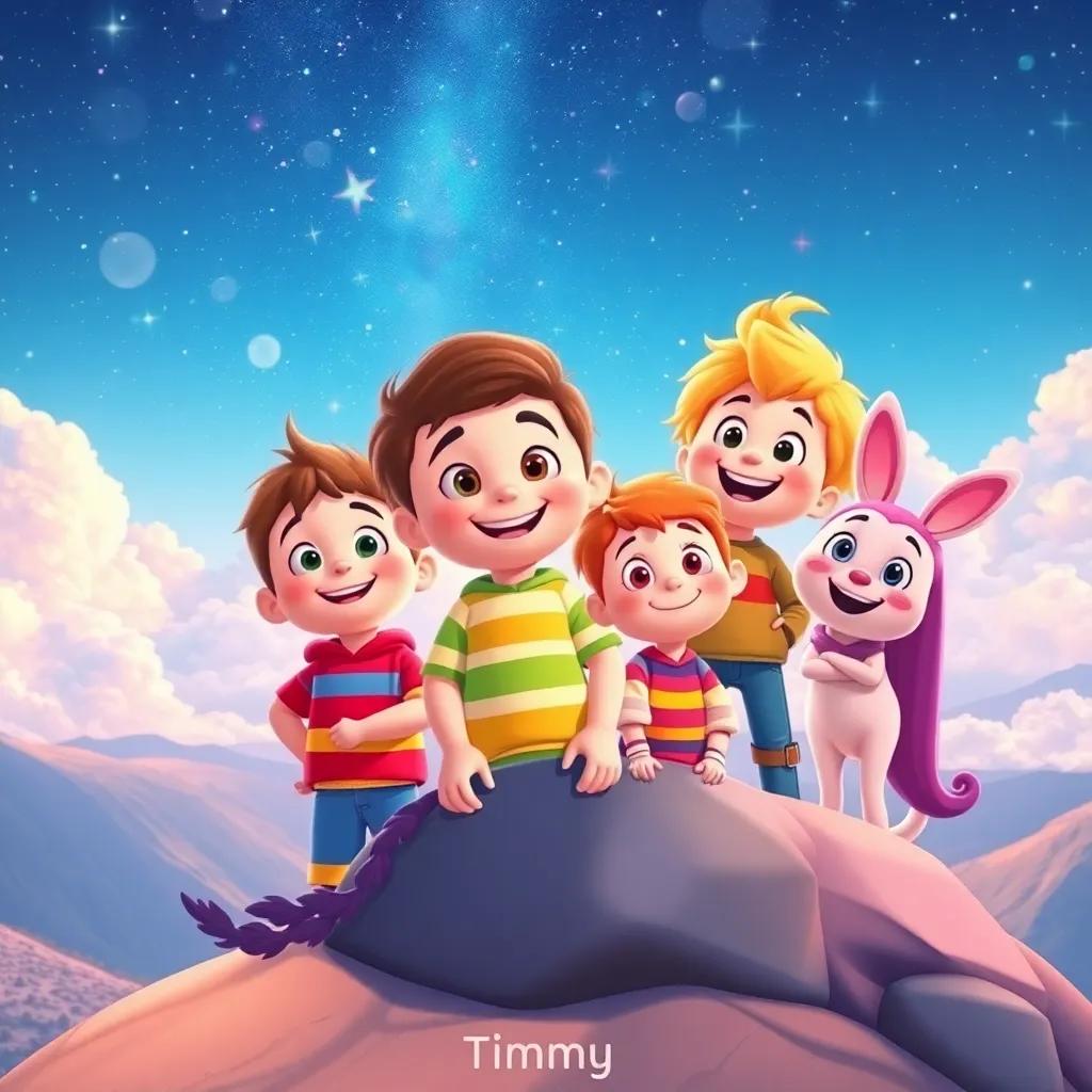 Timmy and his friends at the top of the mountain, enjoying a breath-taking view of a magical sky filled with clouds and sparkles, feeling proud and happy, bright and colorful, high detail
