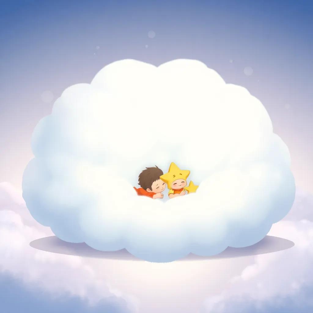 A giant fluffy cloud like a cozy pillow, where Timmy, Spark, and Star are snuggling together, peaceful and dream-like atmosphere, soft pastels, gentle light, heartwarming scene, illustration