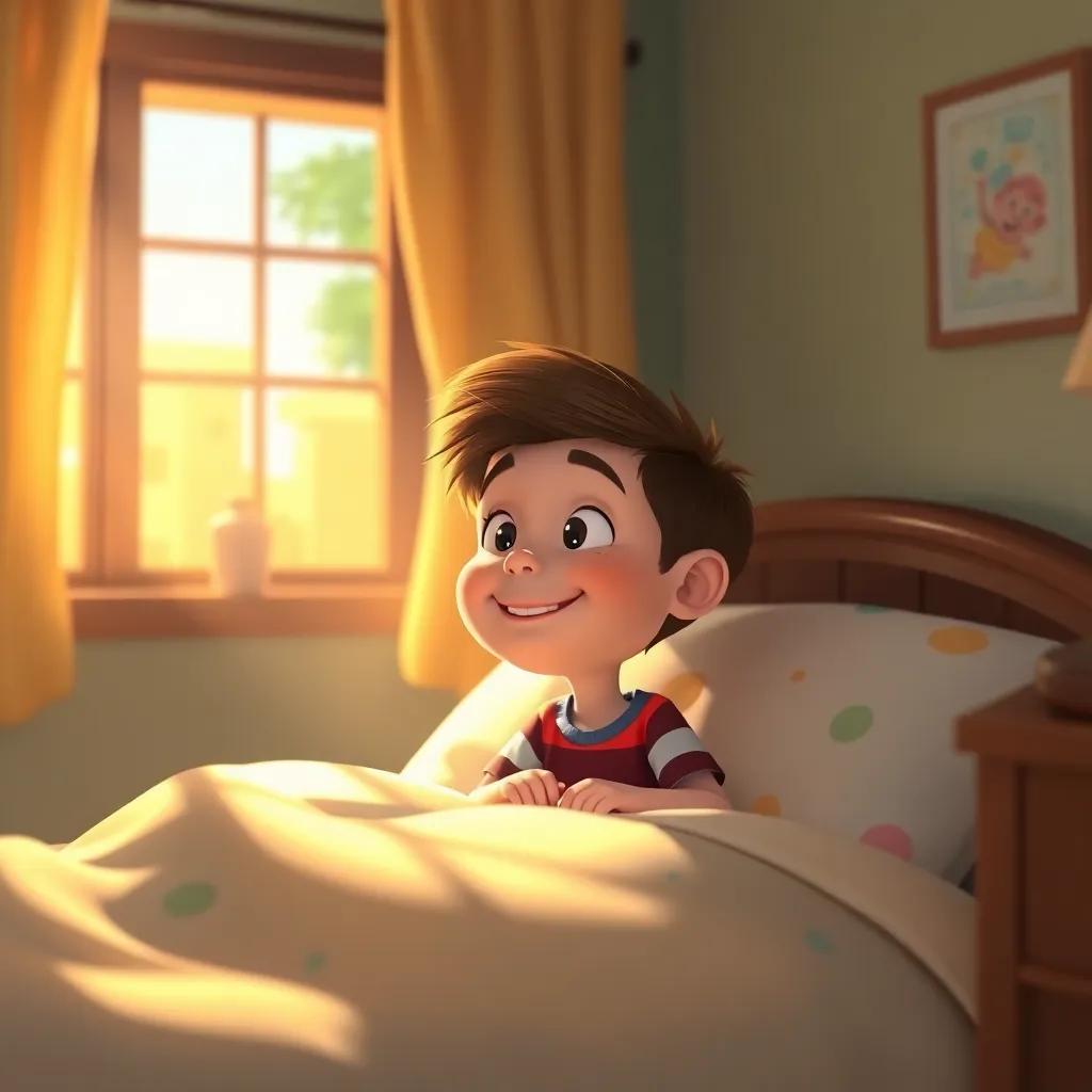 Timmy waking up in his bedroom, sunlight streaming through the window, looking happy and content, a feeling of wonder and warmth, cozy room, inviting colors, detailed art