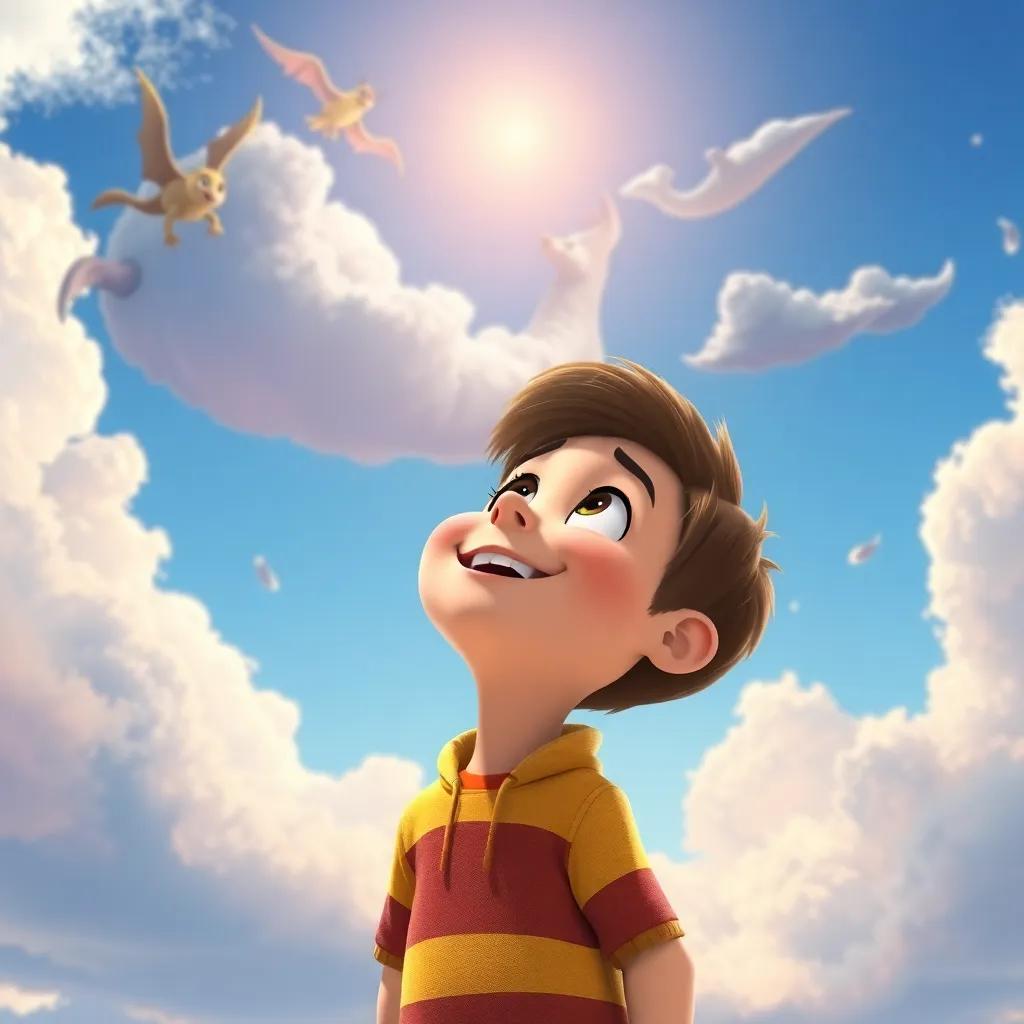 Timmy looking up at the sky with a smile, remembering his adventures, clouds in the shape of fantastical creatures, colorful sky, cheerful and hopeful vibe, digital art