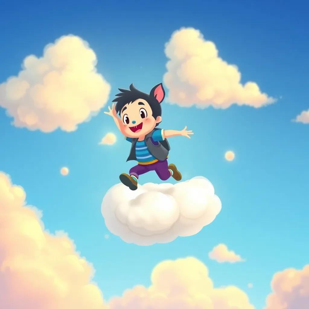 A whimsical illustration of Timmy launching back into the sky on a fluffy cloud, ready for new adventures, bright colors, dreamy atmosphere, children-friendly design, vibrant and enchanting