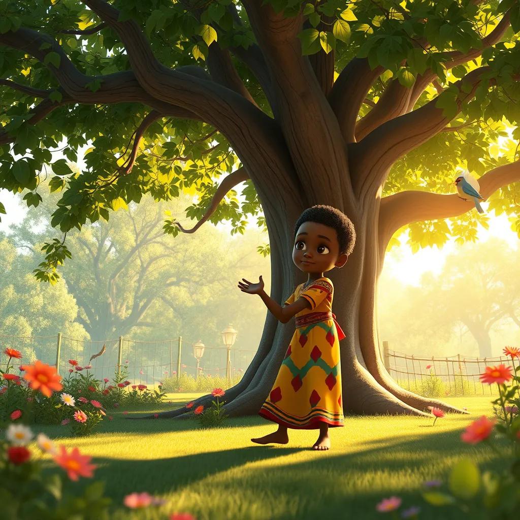 A serene scene under a big, leafy tree where Xhosa is practicing dancing. Xhosa is wearing a simple, colorful outfit and has a determined expression, surrounded by colorful flowers and the sound of chirping birds. The sun filters through the leaves, creating a warm and hopeful atmosphere.