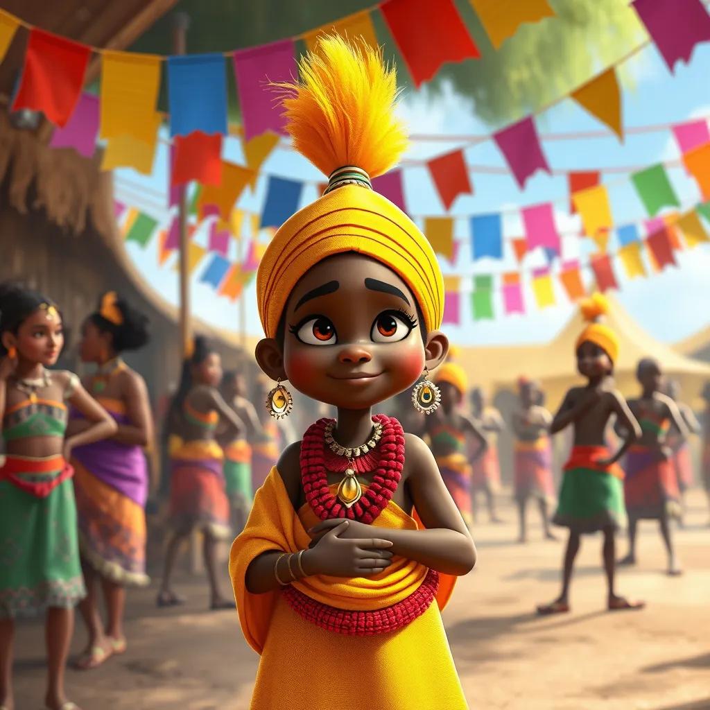 The village festival bustling with excitement. Xhosa is preparing backstage in their bright outfit, looking nervous but excited. Colorful banners hang all around, and other dancers are seen in the background, some are stretching and others are chatting. The mood is festive!