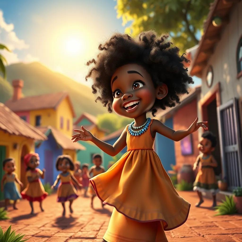 A vibrant village scene with colorful houses, children playing and dancing under a bright sun. Xhosa, a young girl with curly hair wearing a bright dress, laughing and spinning joyfully with her friends.