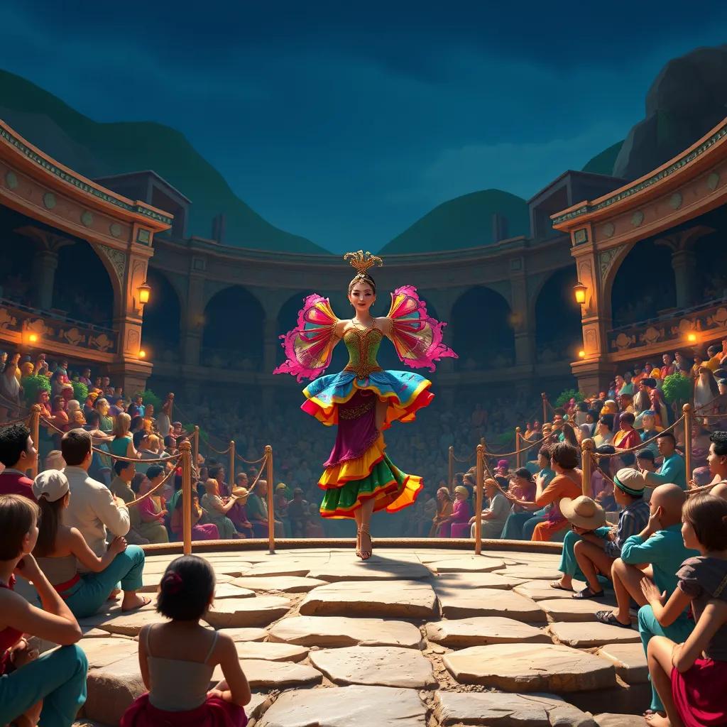 A lively amphitheater filled with villagers sitting on stones, eagerly waiting for the performance. An awesome dancer, wearing a stunning colorful costume, stands confidently in the center, about to begin the show.