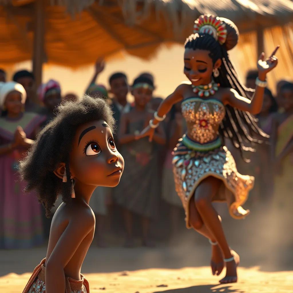 Xhosa watching the dancer in awe, her eyes wide with excitement. The dancer performs dynamic moves, wearing a costume that sparkles in the sunlight, with a backdrop of cheering villagers.