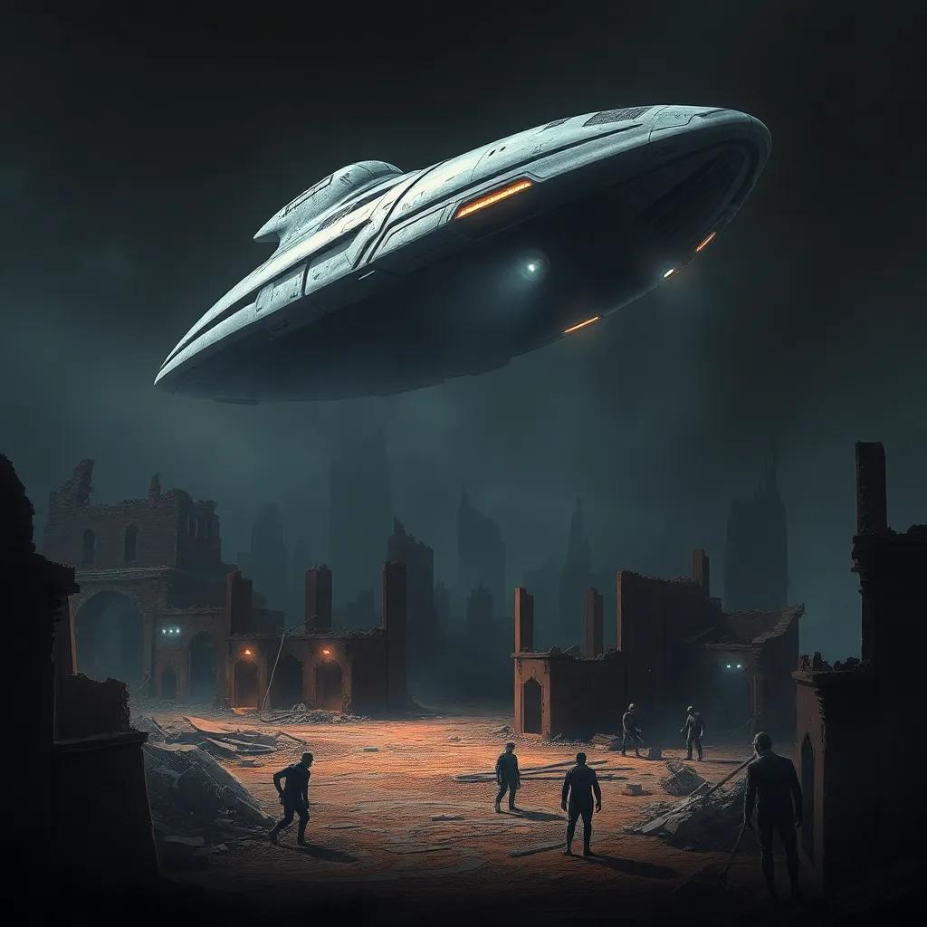 A futuristic alien spaceship hovering above a ruined city with crumbled buildings and scattered debris, shadows of wandering undead visible, digital art, dark tones, eerie atmosphere, high quality