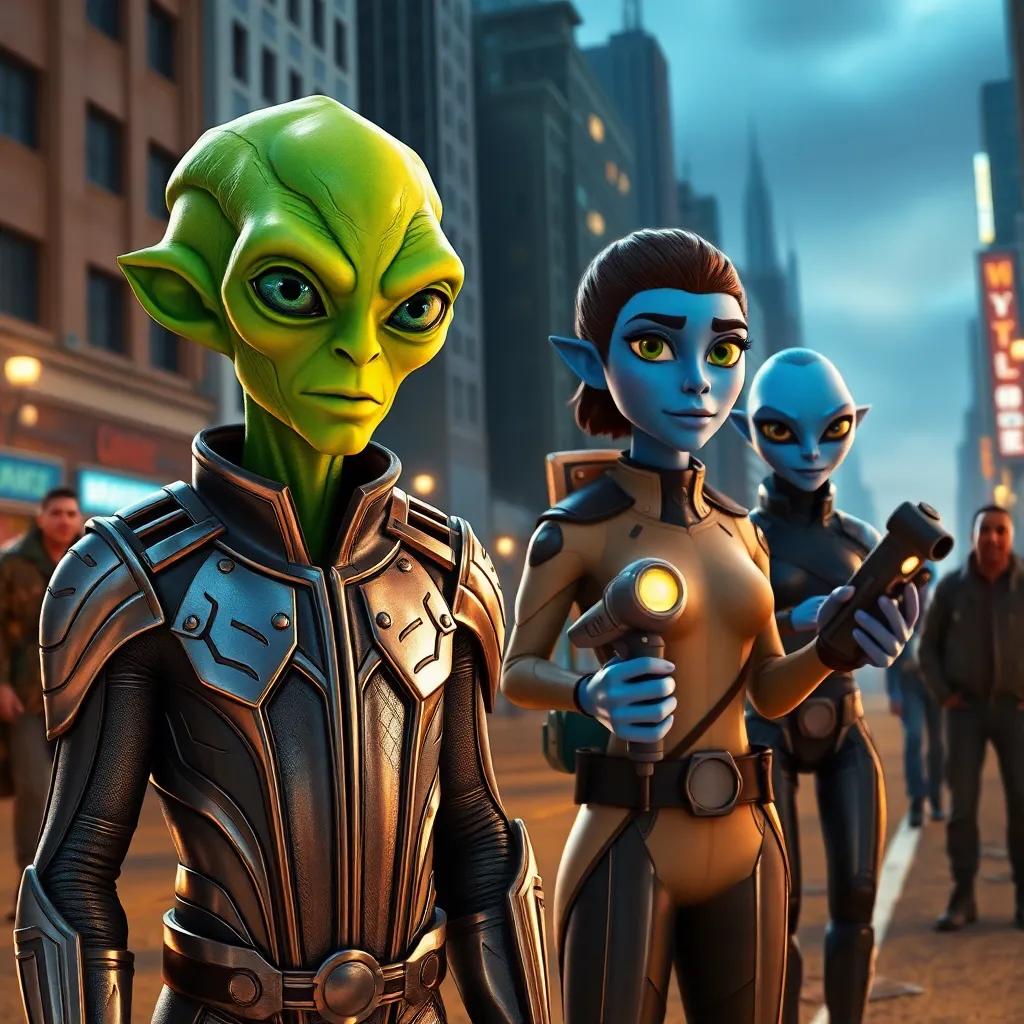 A group of aliens, Xylar an alien captain with green skin and three eyes wearing a sleek metallic uniform, and Zira a science officer with blue features holding a scanning device, standing on the streets of a dystopian city, facing wary survivors, digital art, tension-filled scene, high quality