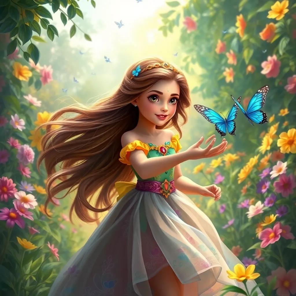 A young princess, Yafa, with long, flowing hair, wearing a colorful gown, chasing a beautiful blue butterfly in a lush garden, bright flowers, cheerful atmosphere, digital art, vibrant colors, inviting scenery, high quality