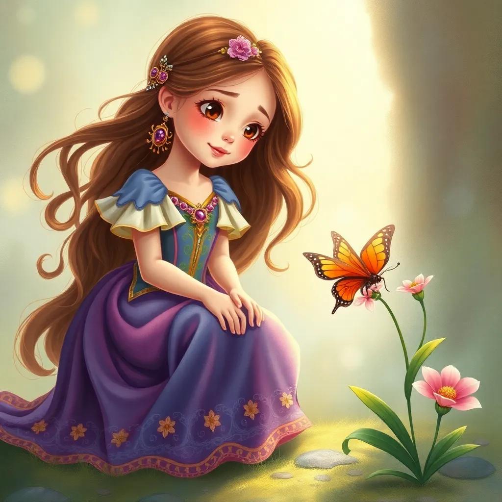 A young princess, Yafa, with long, flowing hair, wearing a colorful gown, kneeling beside a sad little butterfly on a flower, soft sunlight, a gentle atmosphere, illustration, whimsical, child-friendly